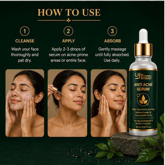 Life Bagan Anti Acne Face Serum | Lightweight Daily Facial Serum for Clearer-Looking & Balanced Skin | Fast Absorbing Non-Greasy Formula | Suitable for Oily & Combination Skin | 30ml
