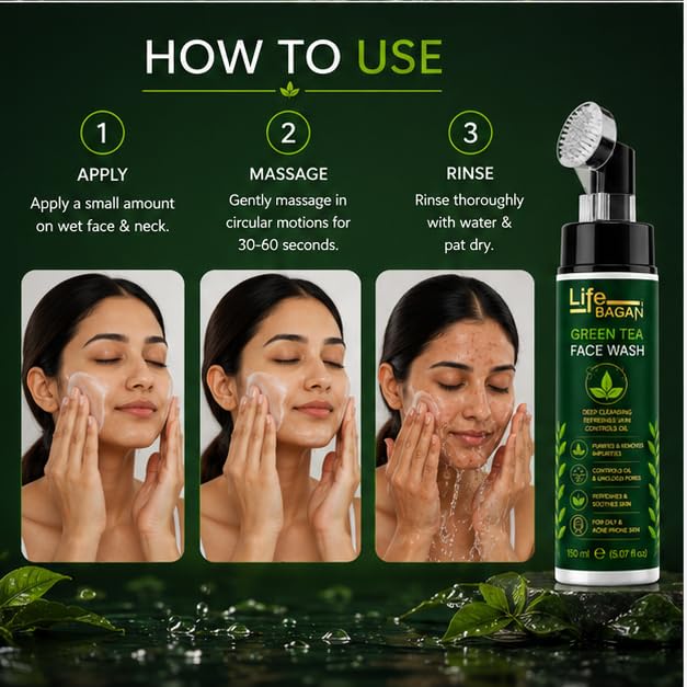 Life Bagan Green Tea Face Wash with Built-In Soft Brush | Gentle Daily Facial Cleanser for Deep Cleansing & Refreshing Skin | Removes Dirt, Oil & Impurities | Suitable for All Skin Types | 150ml