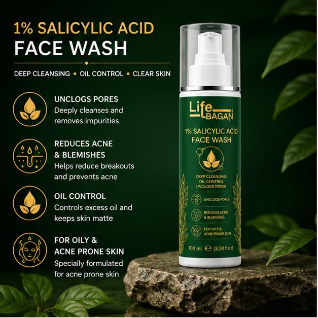 Life Bagan 1% Salicylic Acid Face Wash | Deep Cleansing Face Wash for Oily & Acne-Prone Skin | Helps Remove Excess Oil & Impurities | Daily Facial Cleanser | 100ml