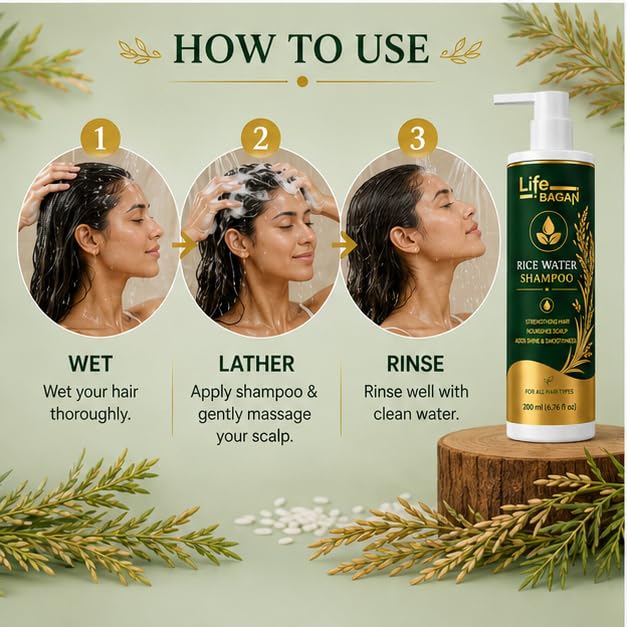 Life Bagan Rice Water Shampoo | Gentle Hair Cleanser for Soft, Smooth & Healthy-Looking Hair | Daily Hair Care Formula | Suitable for All Hair Types | 200ml