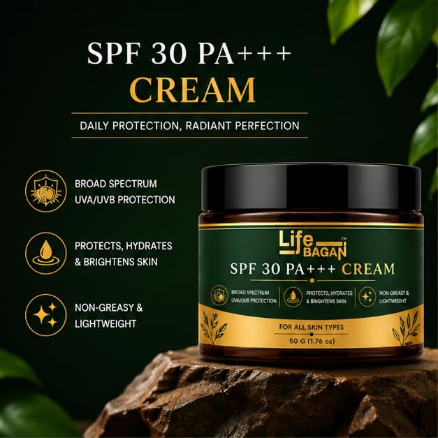 Life Bagan SPF 30 PA+++ Face Cream | Broad Spectrum UVA/UVB Protection | Lightweight Daily Face Cream for Healthy-Looking Skin | Non-Greasy Formula | Suitable for All Skin Types | 50g