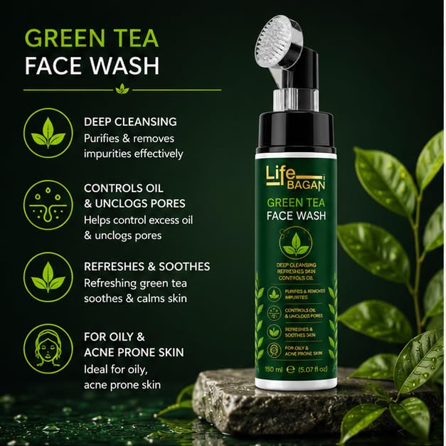 Life Bagan Green Tea Face Wash with Built-In Soft Brush | Gentle Daily Facial Cleanser for Deep Cleansing & Refreshing Skin | Removes Dirt, Oil & Impurities | Suitable for All Skin Types | 150ml
