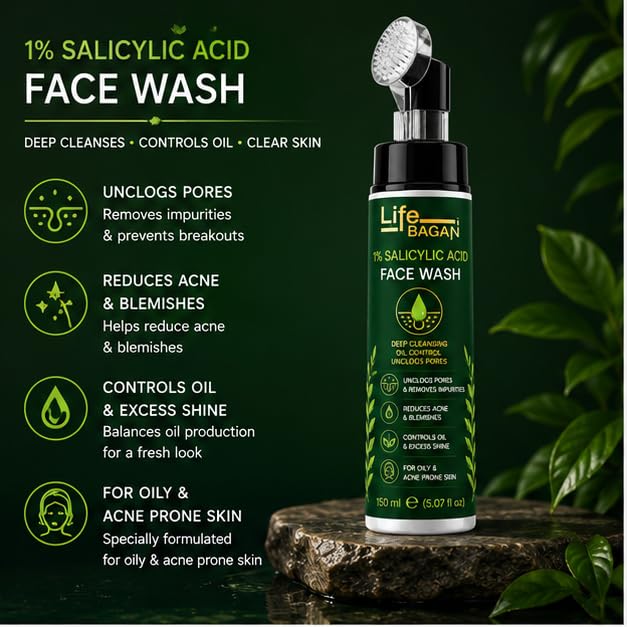 Life Bagan 1% Salicylic Acid Face Wash | Deep Cleansing Face Wash for Oily & Acne-Prone Skin | Helps Remove Excess Oil & Impurities | Daily Facial Cleanser | 150ml
