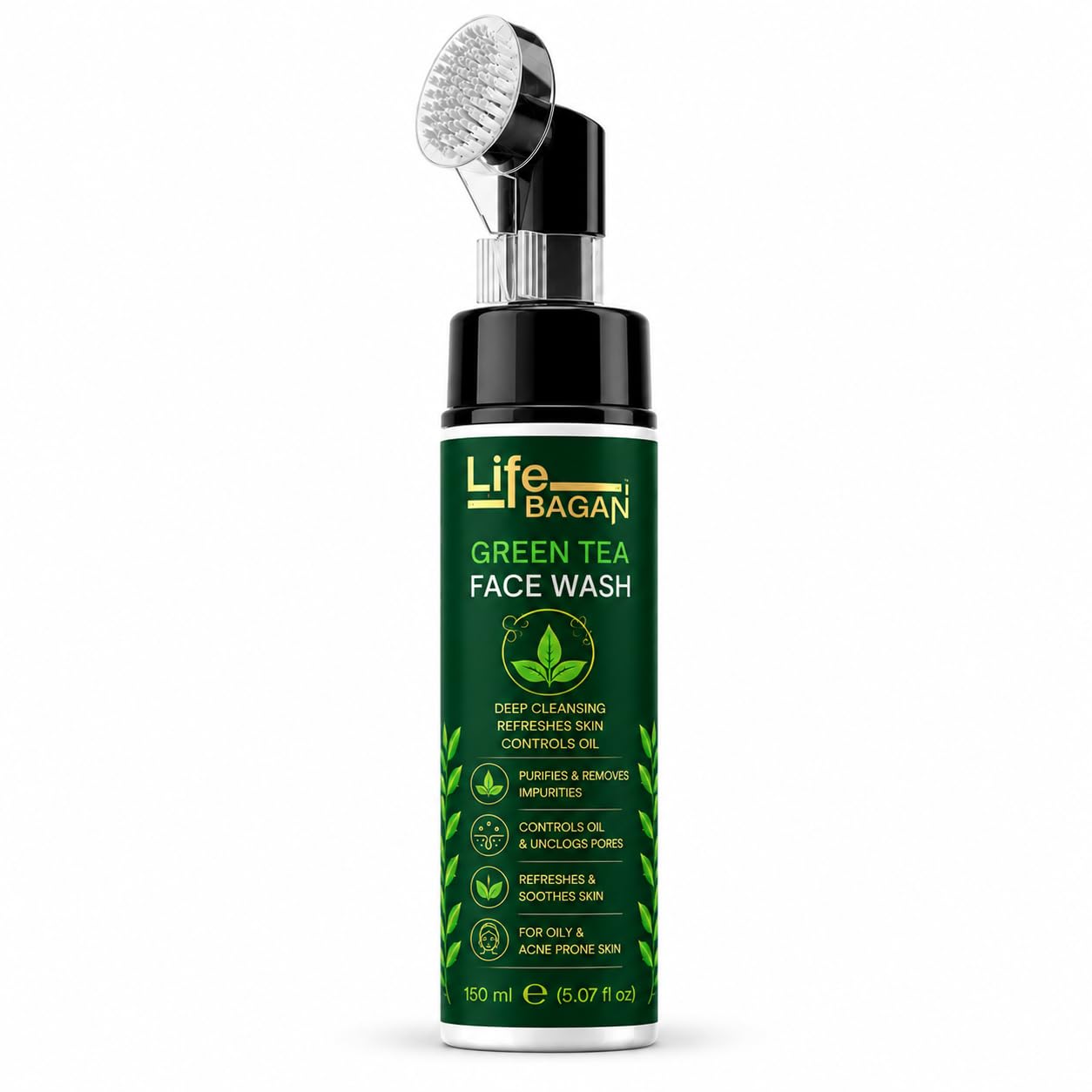 Life Bagan Green Tea Face Wash with Built-In Soft Brush | Gentle Daily Facial Cleanser for Deep Cleansing & Refreshing Skin | Removes Dirt, Oil & Impurities | Suitable for All Skin Types | 150ml