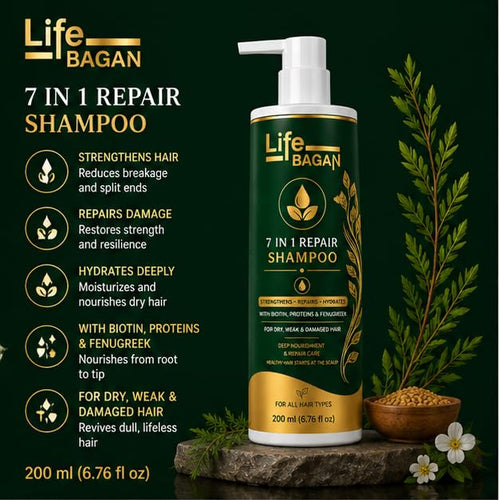 Life Bagan 7 in 1 Repair Shampoo | Gentle Hair Cleanser for Soft, Smooth & Healthy-Looking Hair | Daily Hair Care Formula | Suitable for All Hair Types | 200ml