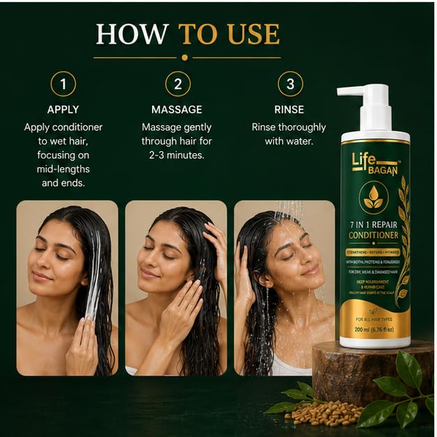 Life Bagan 7 in 1 Repair Conditioner for Dry, Damaged & Frizzy Hair | Deep Nourishing Hair Conditioner | Helps Reduce Hair Breakage, Improves Manageability & Adds Shine | For All Hair Types | 200 ml