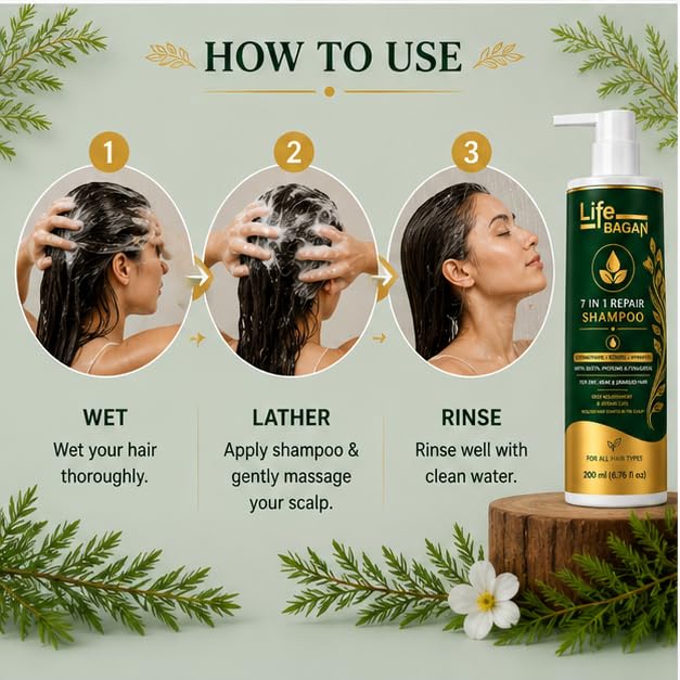 Life Bagan 7 in 1 Repair Shampoo | Gentle Hair Cleanser for Soft, Smooth & Healthy-Looking Hair | Daily Hair Care Formula | Suitable for All Hair Types | 200ml
