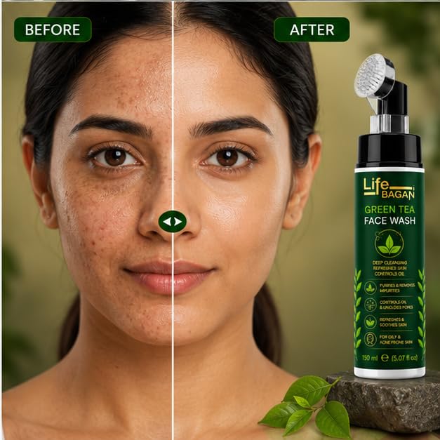 Life Bagan Green Tea Face Wash with Built-In Soft Brush | Gentle Daily Facial Cleanser for Deep Cleansing & Refreshing Skin | Removes Dirt, Oil & Impurities | Suitable for All Skin Types | 150ml