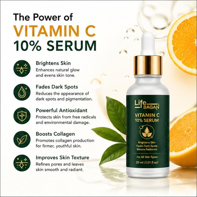 Life Bagan Vitamin C 10% Face Serum | Lightweight Daily Facial Serum for Radiant & Healthy-Looking Skin | Fast Absorbing Formula | Suitable for All Skin Types | 30ml