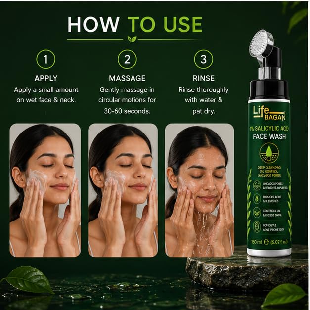 Life Bagan 1% Salicylic Acid Face Wash | Deep Cleansing Face Wash for Oily & Acne-Prone Skin | Helps Remove Excess Oil & Impurities | Daily Facial Cleanser | 150ml