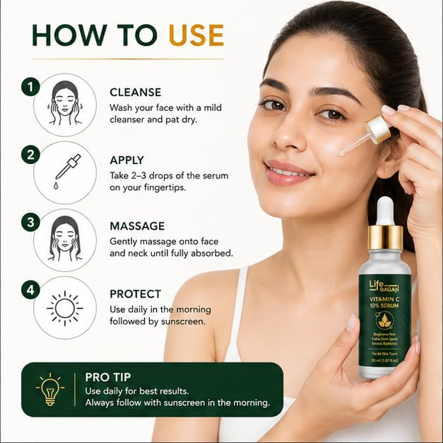 Life Bagan Vitamin C 10% Face Serum | Lightweight Daily Facial Serum for Radiant & Healthy-Looking Skin | Fast Absorbing Formula | Suitable for All Skin Types | 30ml