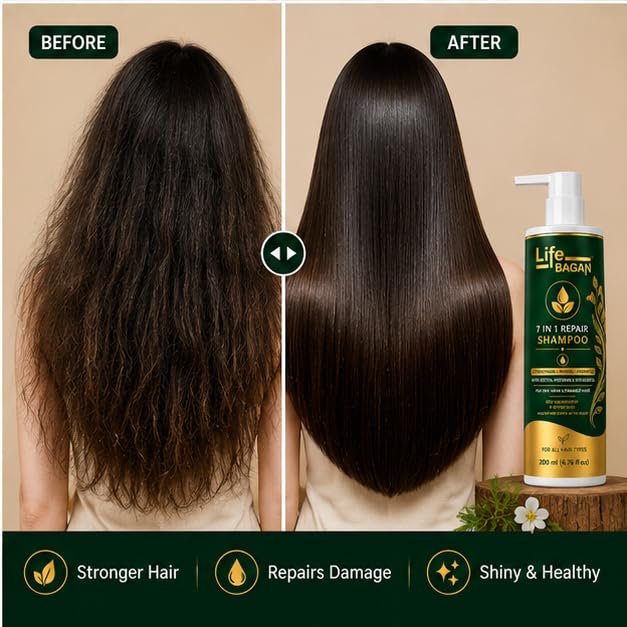 Life Bagan 7 in 1 Repair Shampoo | Gentle Hair Cleanser for Soft, Smooth & Healthy-Looking Hair | Daily Hair Care Formula | Suitable for All Hair Types | 200ml