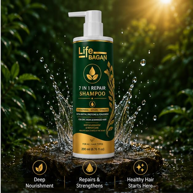 Life Bagan 7 in 1 Repair Shampoo | Gentle Hair Cleanser for Soft, Smooth & Healthy-Looking Hair | Daily Hair Care Formula | Suitable for All Hair Types | 200ml