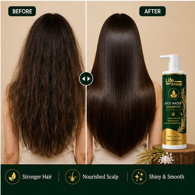 Life Bagan Rice Water Shampoo | Gentle Hair Cleanser for Soft, Smooth & Healthy-Looking Hair | Daily Hair Care Formula | Suitable for All Hair Types | 200ml