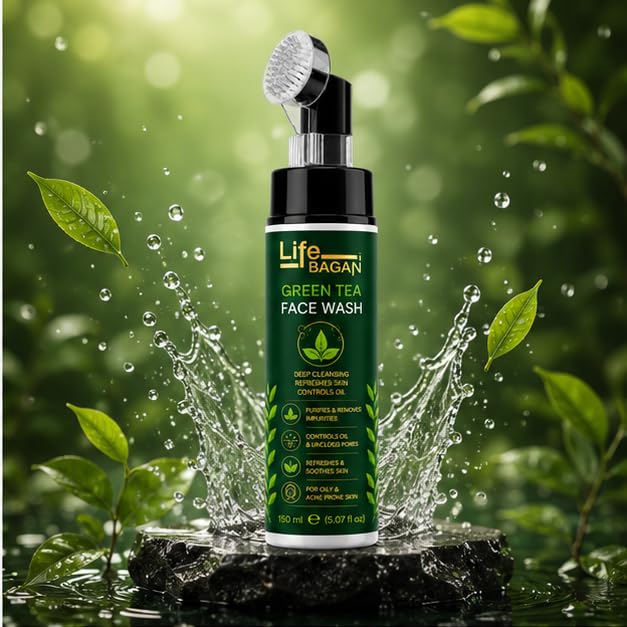 Life Bagan Green Tea Face Wash with Built-In Soft Brush | Gentle Daily Facial Cleanser for Deep Cleansing & Refreshing Skin | Removes Dirt, Oil & Impurities | Suitable for All Skin Types | 150ml