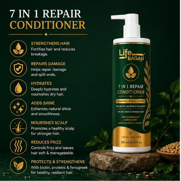 Life Bagan 7 in 1 Repair Conditioner for Dry, Damaged & Frizzy Hair | Deep Nourishing Hair Conditioner | Helps Reduce Hair Breakage, Improves Manageability & Adds Shine | For All Hair Types | 200 ml