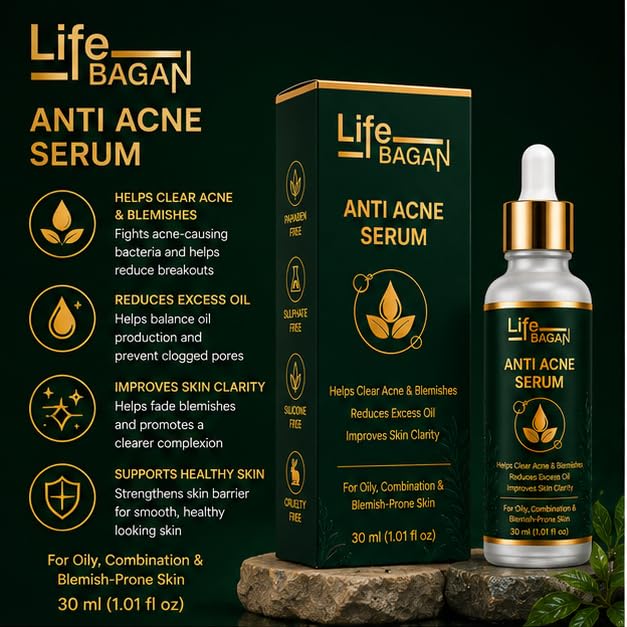 Life Bagan Anti Acne Face Serum | Lightweight Daily Facial Serum for Clearer-Looking & Balanced Skin | Fast Absorbing Non-Greasy Formula | Suitable for Oily & Combination Skin | 30ml