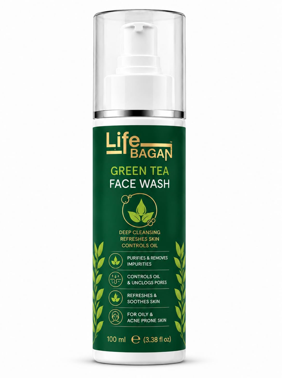 Life Bagan Green Tea Face Wash | Gentle Daily Facial Cleanser for Refreshing & Cleansing Skin | Removes Dirt, Oil & Impurities | Suitable for All Skin Types | 100ml