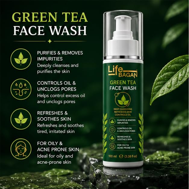 Life Bagan Green Tea Face Wash | Gentle Daily Facial Cleanser for Refreshing & Cleansing Skin | Removes Dirt, Oil & Impurities | Suitable for All Skin Types | 100ml