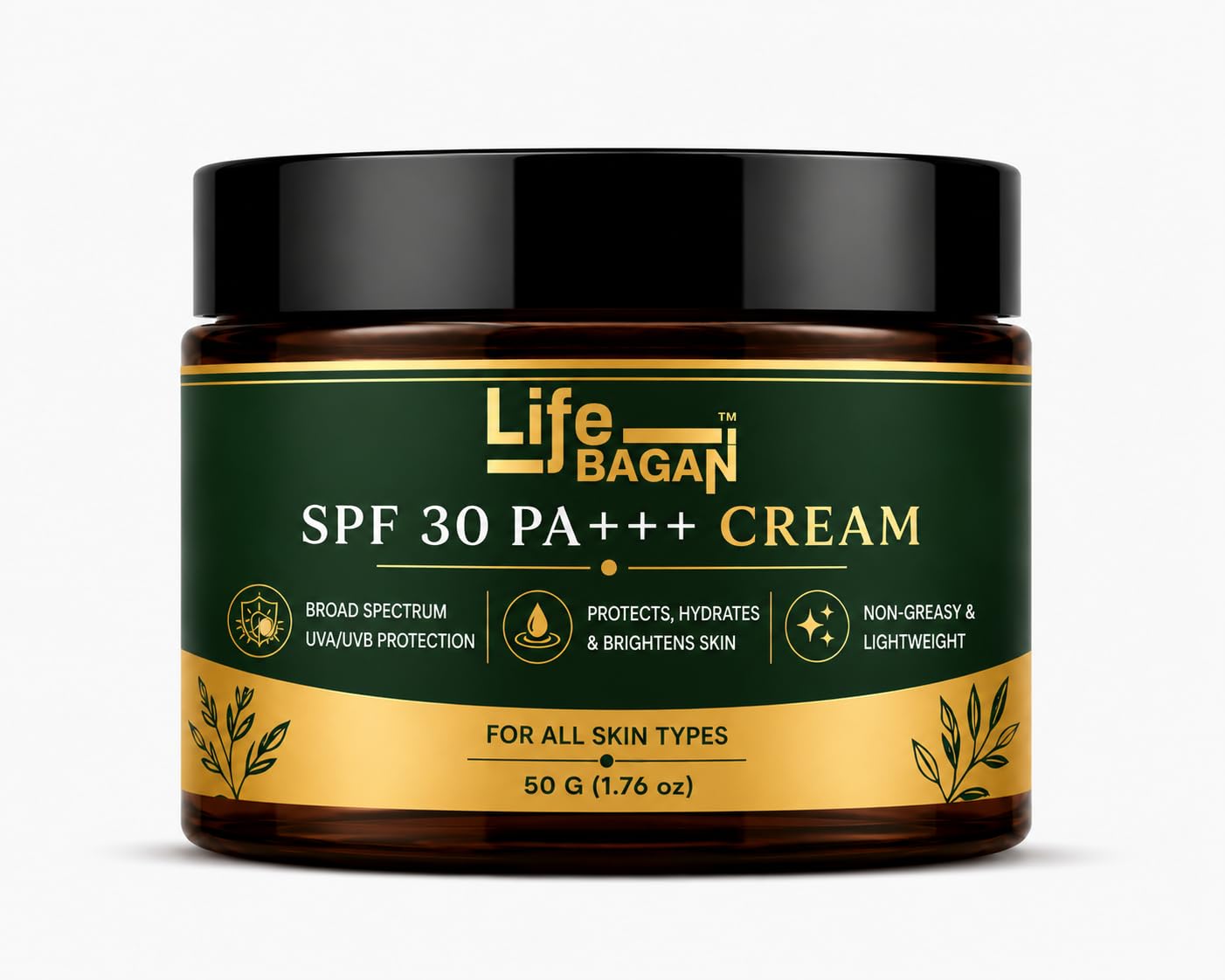 Life Bagan SPF 30 PA+++ Face Cream | Broad Spectrum UVA/UVB Protection | Lightweight Daily Face Cream for Healthy-Looking Skin | Non-Greasy Formula | Suitable for All Skin Types | 50g