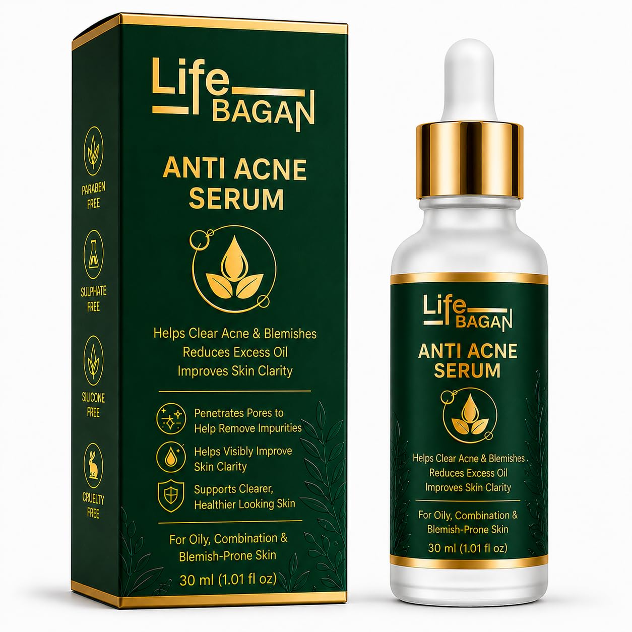 Life Bagan Anti Acne Face Serum | Lightweight Daily Facial Serum for Clearer-Looking & Balanced Skin | Fast Absorbing Non-Greasy Formula | Suitable for Oily & Combination Skin | 30ml