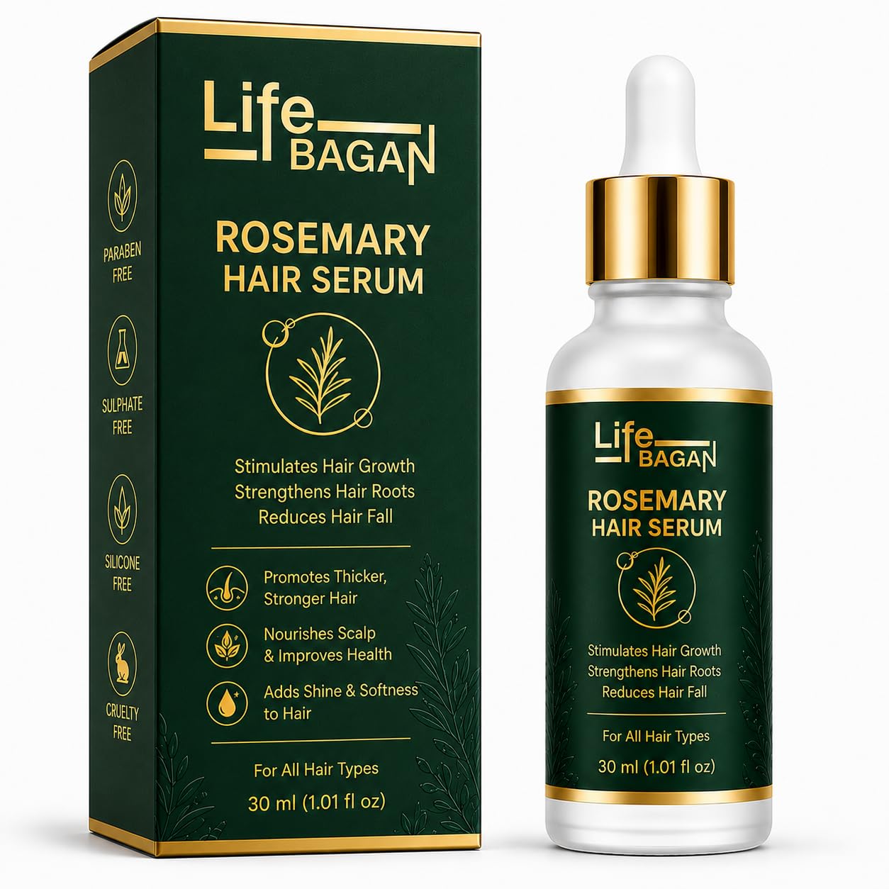 Life Bagan Rosemary Hair Serum | Lightweight Hair & Scalp Serum for Nourished, Smoother & Healthier-Looking Hair | Non-Sticky Formula | Suitable for Men & Women | 30ml